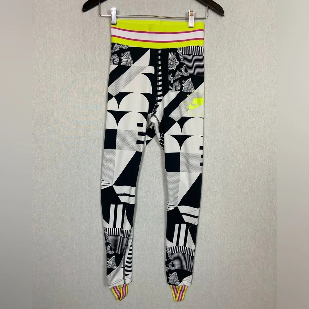 Nike Sportswear Running Leggings Stirrups black white yellow logo print XS